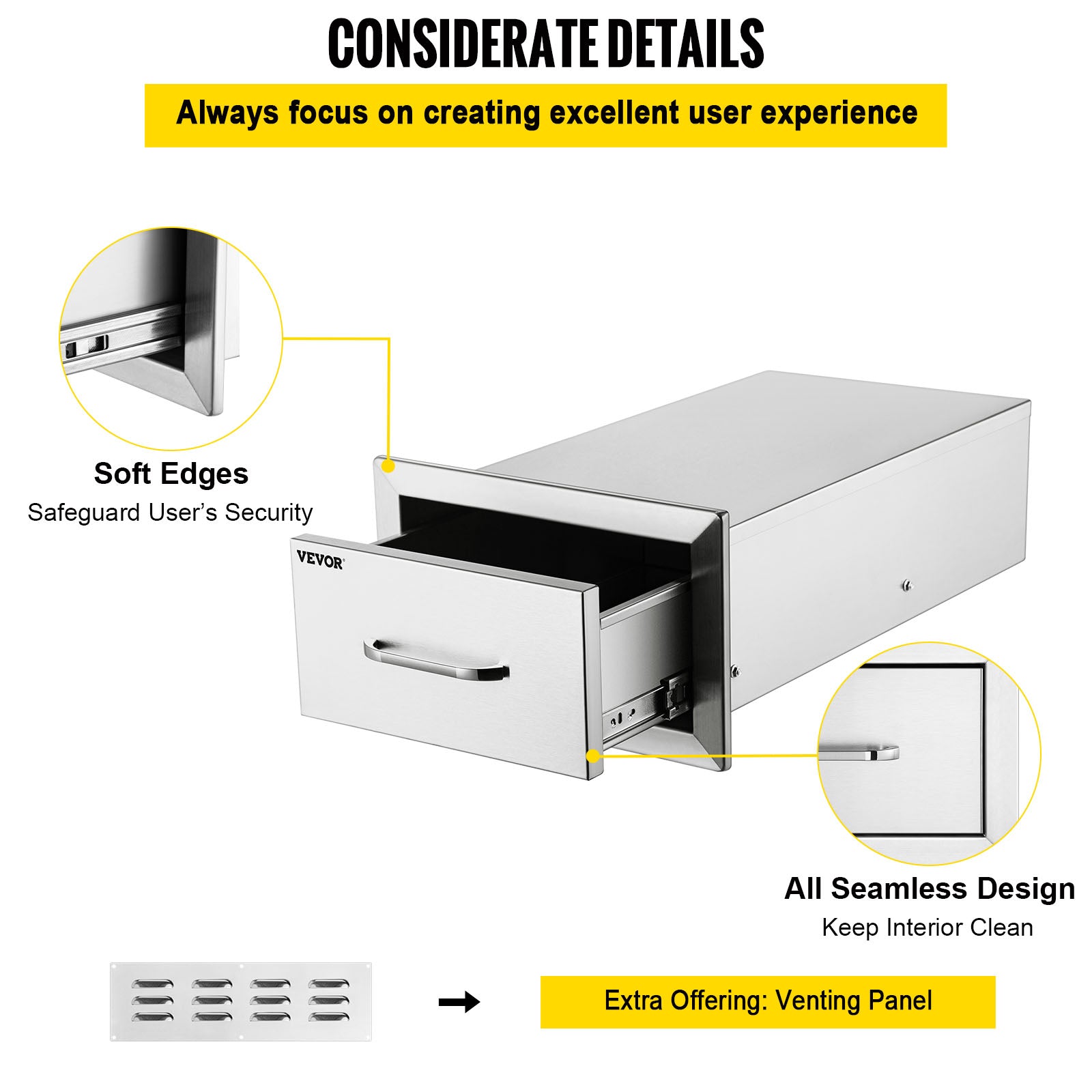 VEVOR 14x8.5 inch Outdoor Kitchen Drawers Stainless Steel, Flush Mount Double Drawers,14W x 8.5H x 23D Inch, with Stainless Steel Handle, BBQ Drawers for Outdoor Kitchens or BBQ Island