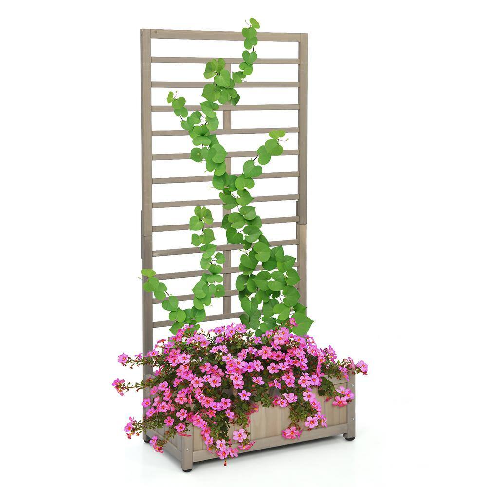 Costway 68 in. Grey Wood Planter Box with Trellis Raised Garden Bed for Climbing Plants GT3638