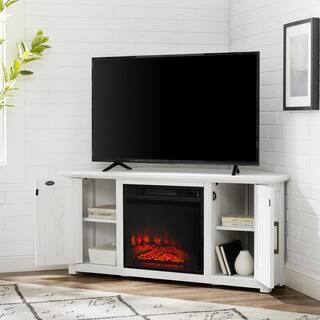 CROSLEY FURNITURE Camden Whitewash 48 in. Corner TV Stand with Fireplace Fits 50 in. TV with Cable Management KF100648WW