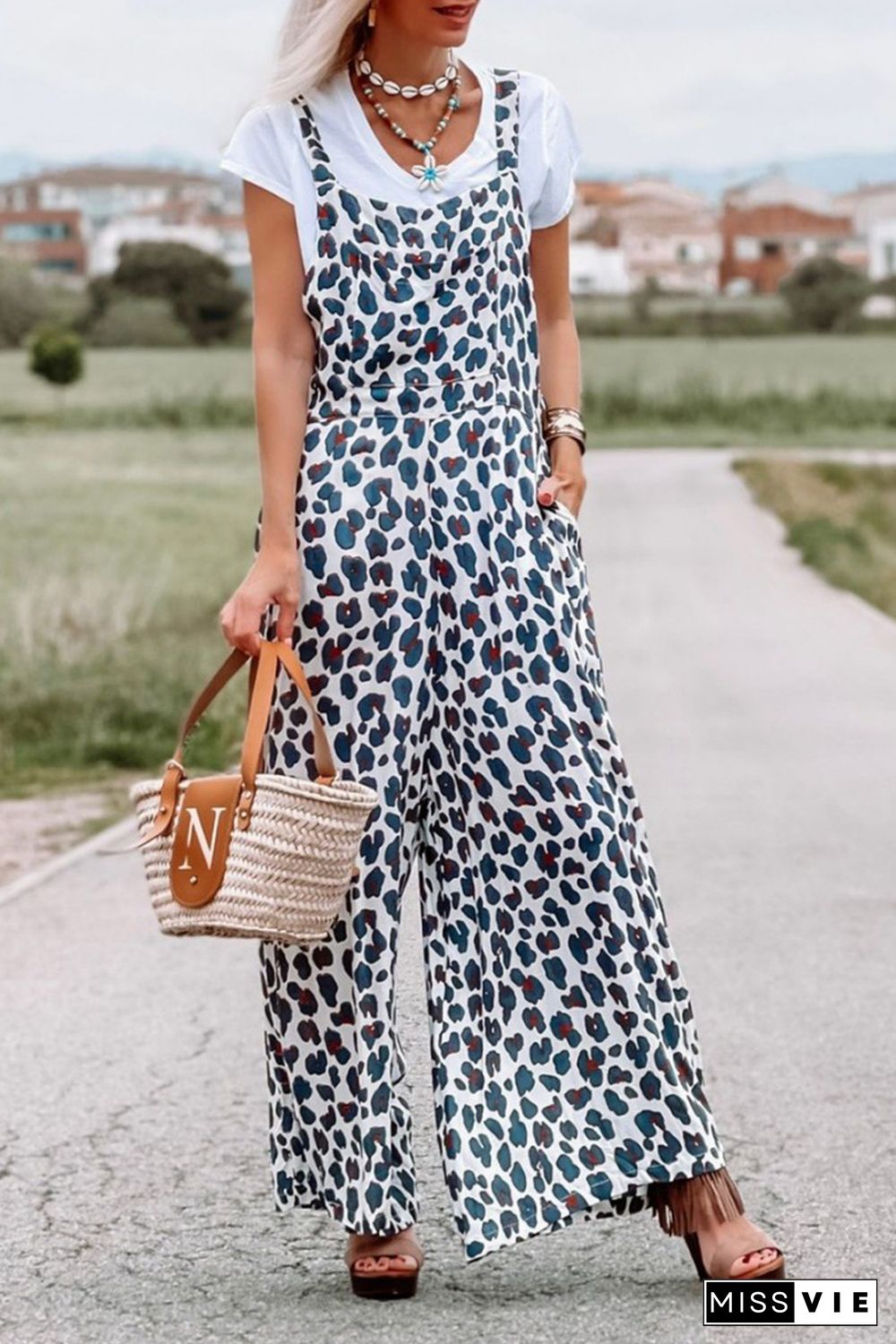 White Wide Leg Leopard Print Jumpsuit Overalls