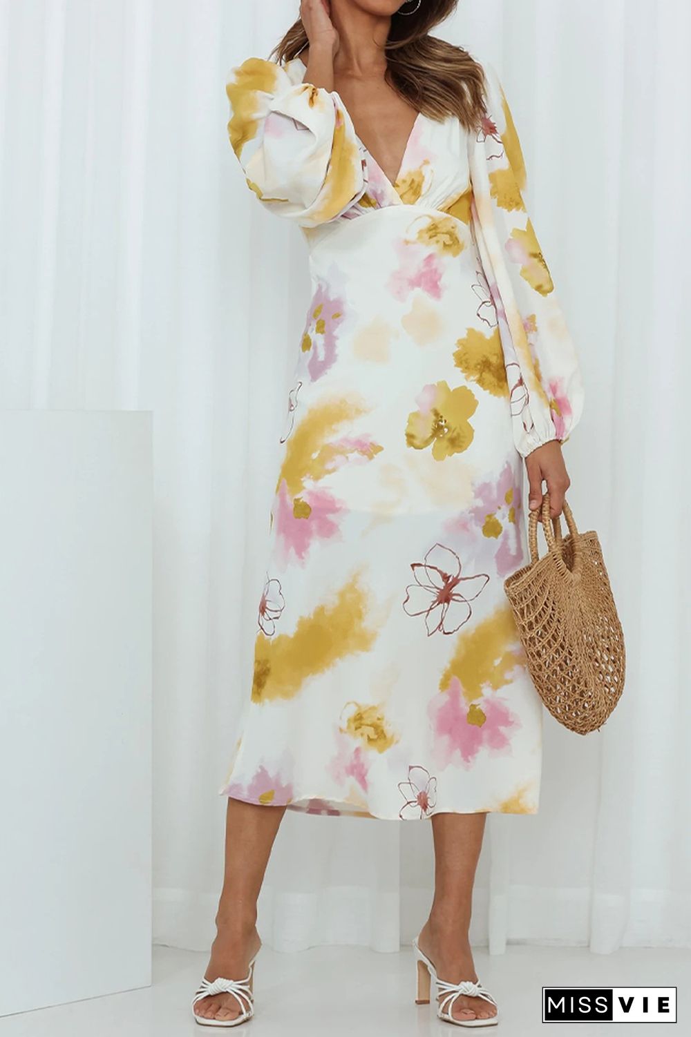 V Neck Lantern Sleeves High Waist Floral Dress