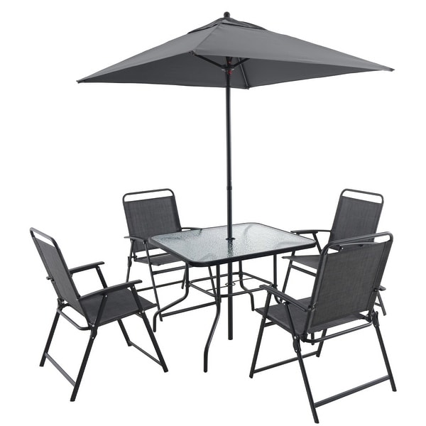 Black Metal Outdoor Patio Dining Set for 4 People with Table，4 Chairs and Umbrella