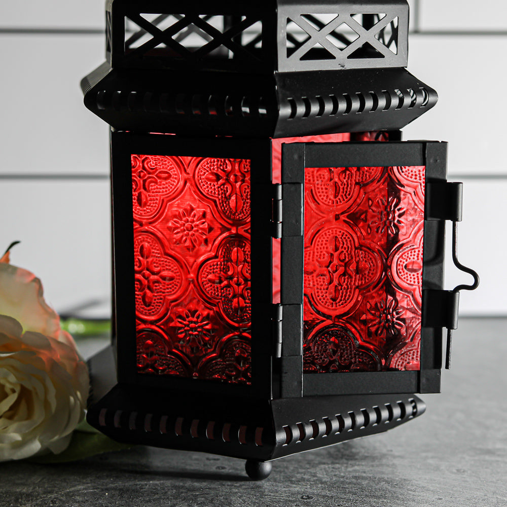 Richland Hanging Moroccan Metal Lantern with Red Embossed Glass