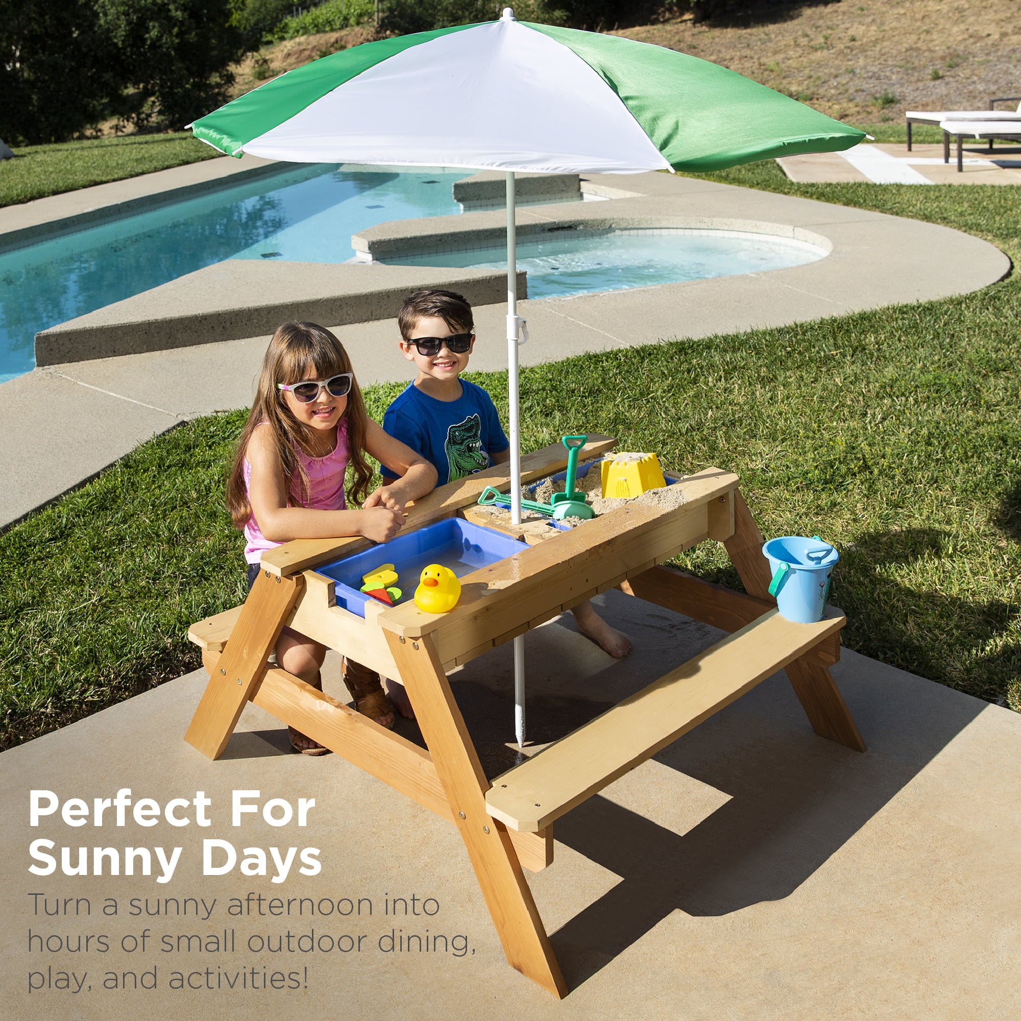 Best Choice Products Kids 3-in-1 Outdoor Convertible Wood Activity Sand & Water Picnic Table w/ Umbrella - Green