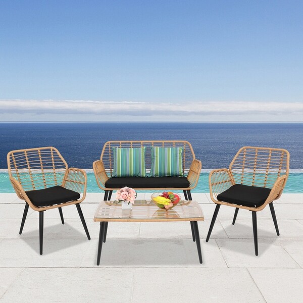 Wicker Rattan Patio Conversation Set with Tempered Glass Table