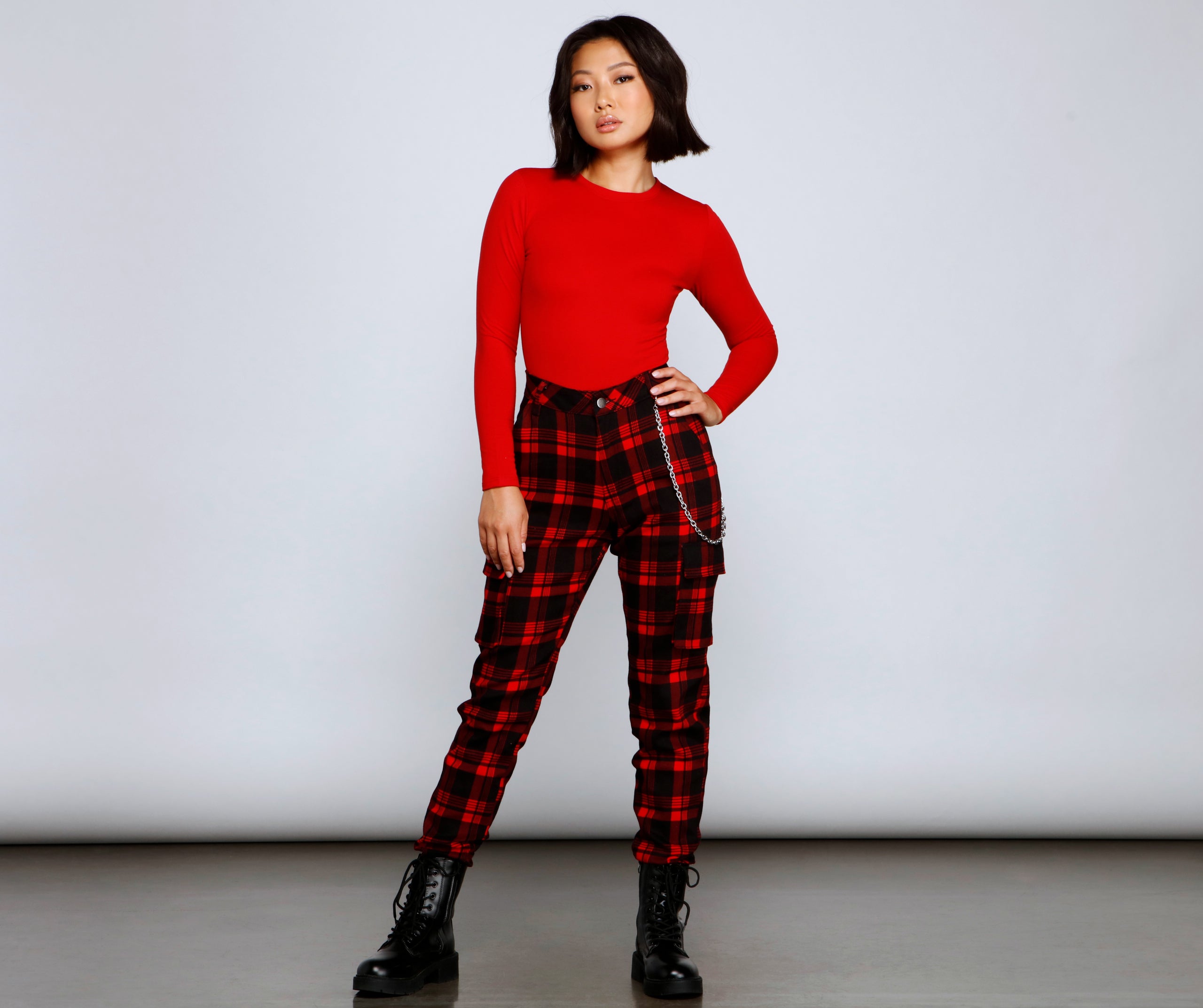 High Waist Plaid Joggers With Chain