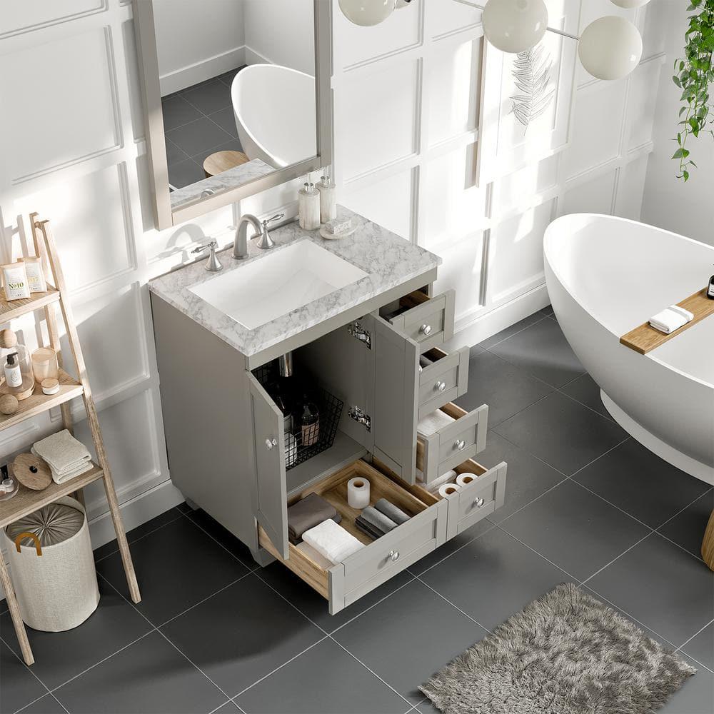 Eviva Acclaim 30 in W x 22 in D x 34 in H Bath Vanity in Gray with White Carrara Marble Vanity Top with White Sink