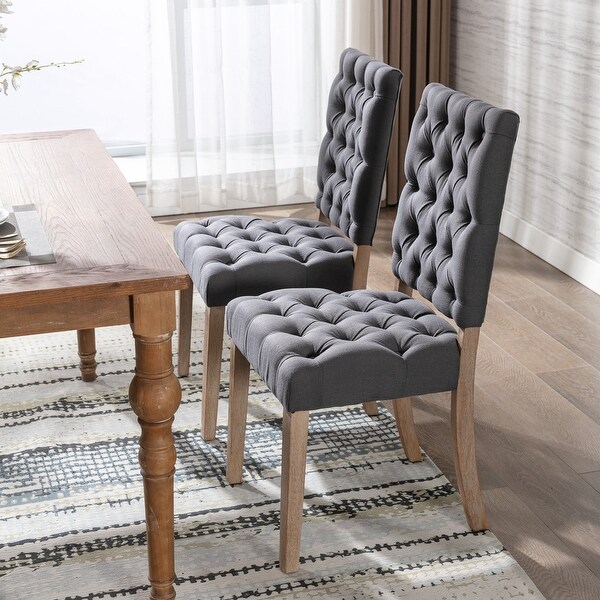 Wooden Frame Linen Fabric Tufted Dining Chair，Set of 2