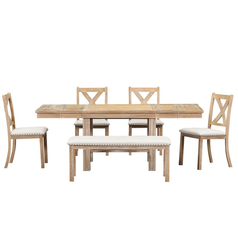 Farmhouse 6 Piece Extendable Dining Table with Footrest  4 Upholstered Dining Chairs and Dining Bench  Two 11\