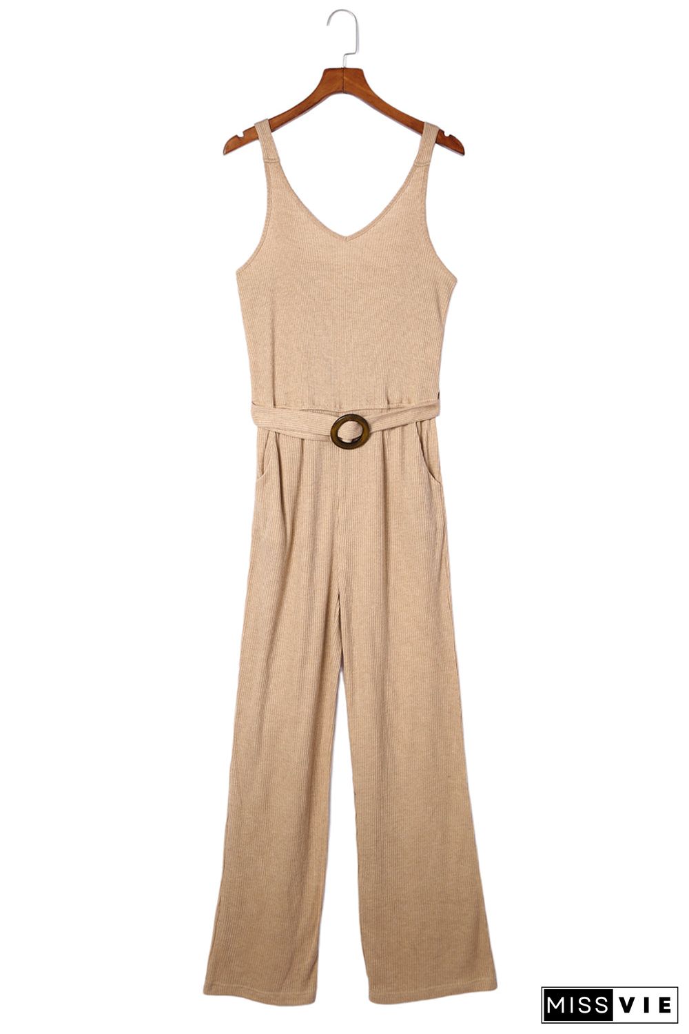 Casual Sleeveless Buckle Sash Knit Jumpsuit