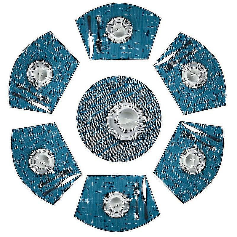 Round Placemats Set Of 7 Pvc Placemat Wedge Set Table Heat Resistant Washable (blue)