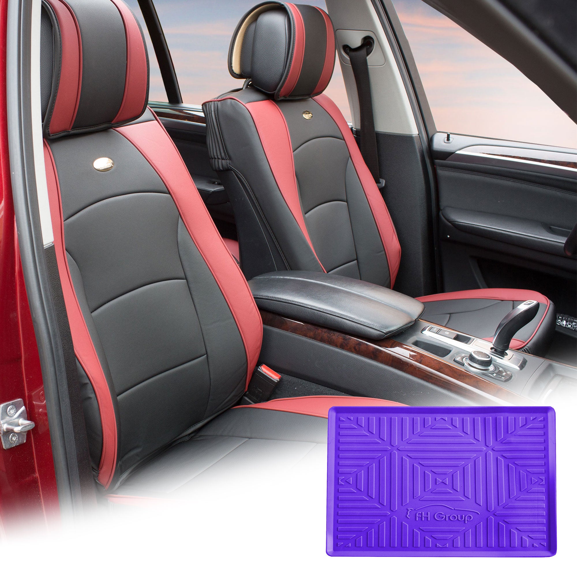 FH Group Burgundy Black Leatherette Front Bucket Seat Cushion Covers for Auto Car SUV Truck Van with Purple Dash Mat Combo