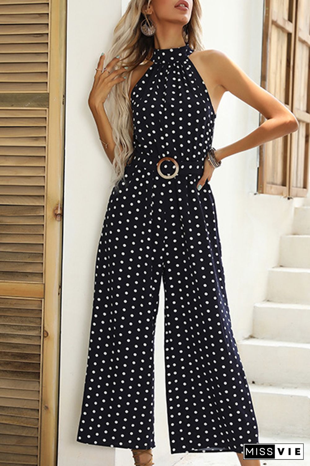 Fashion Elegant Polka Dot Split Joint With Belt Halter Straight Jumpsuits