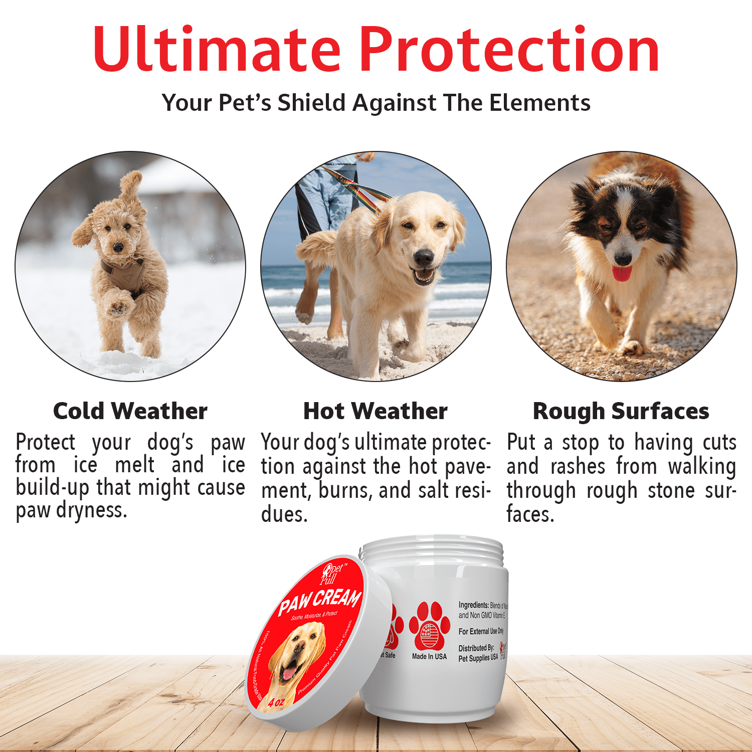 Pet Pull Paw Cream (4 oz) Dog Paw Protector for Heat， Cold and Rough Surfaces - Paw Moisturizer Balm with Natural Waxes and Oils - Puppy Invisible Boot Soothes， Moisturizes， Protects