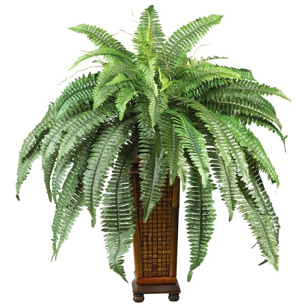 Boston Fern with Decorative Wood Vase Silk Plant