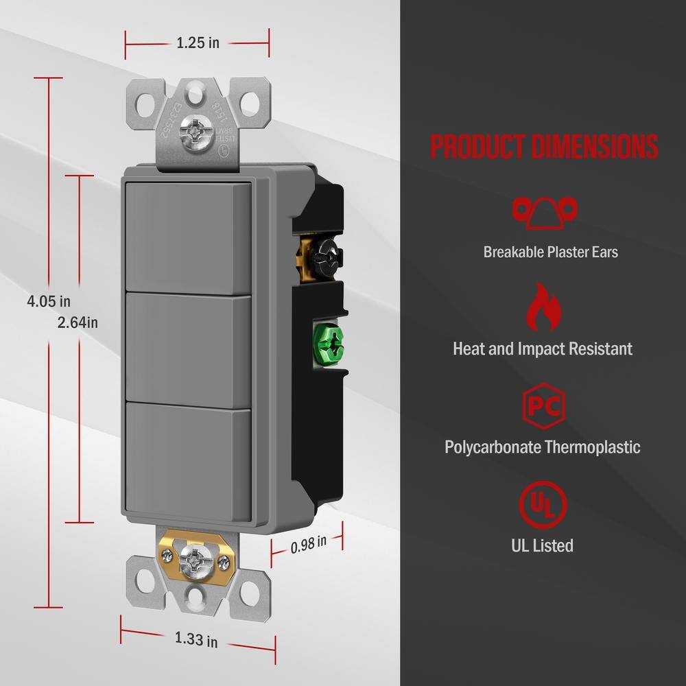 ENERLITES 15 Amp 120-Volt to 277-Volt Triple Paddle Rocker Decorator Light Switch Single Pole Residential Grade in Gray (3-Pack) 62755-GY-3PCS