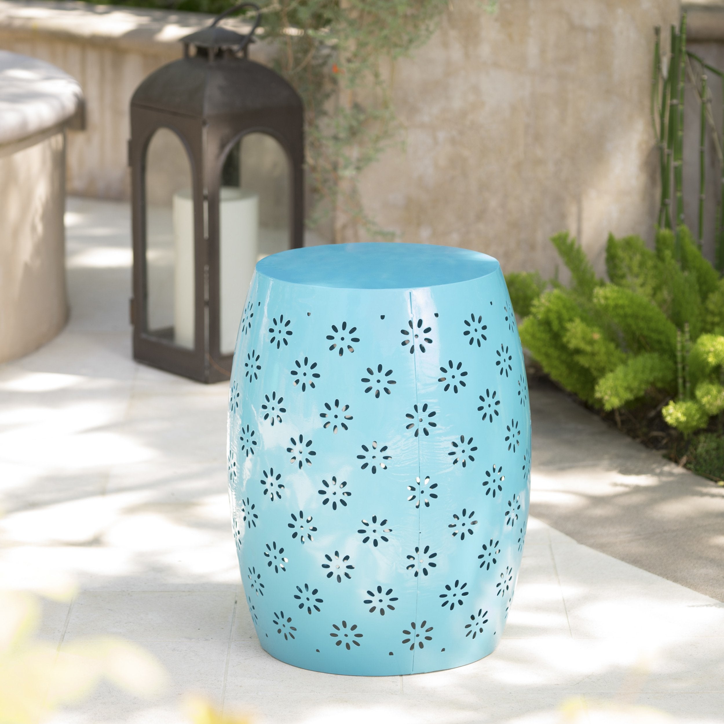 Breeze Outdoor Modern Floral Lace-Cut Metal Accent Side Table