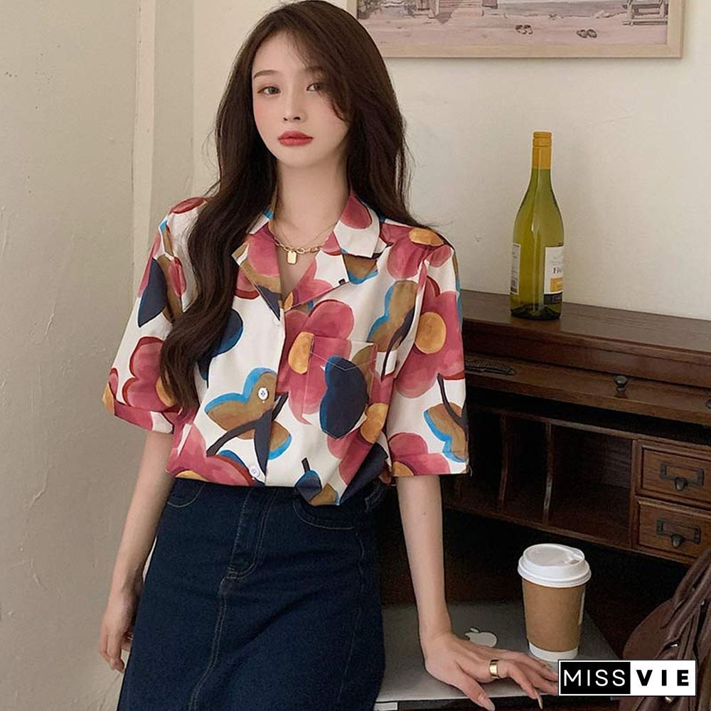 Vintage Floral Print Pocket Loose T-Shirt