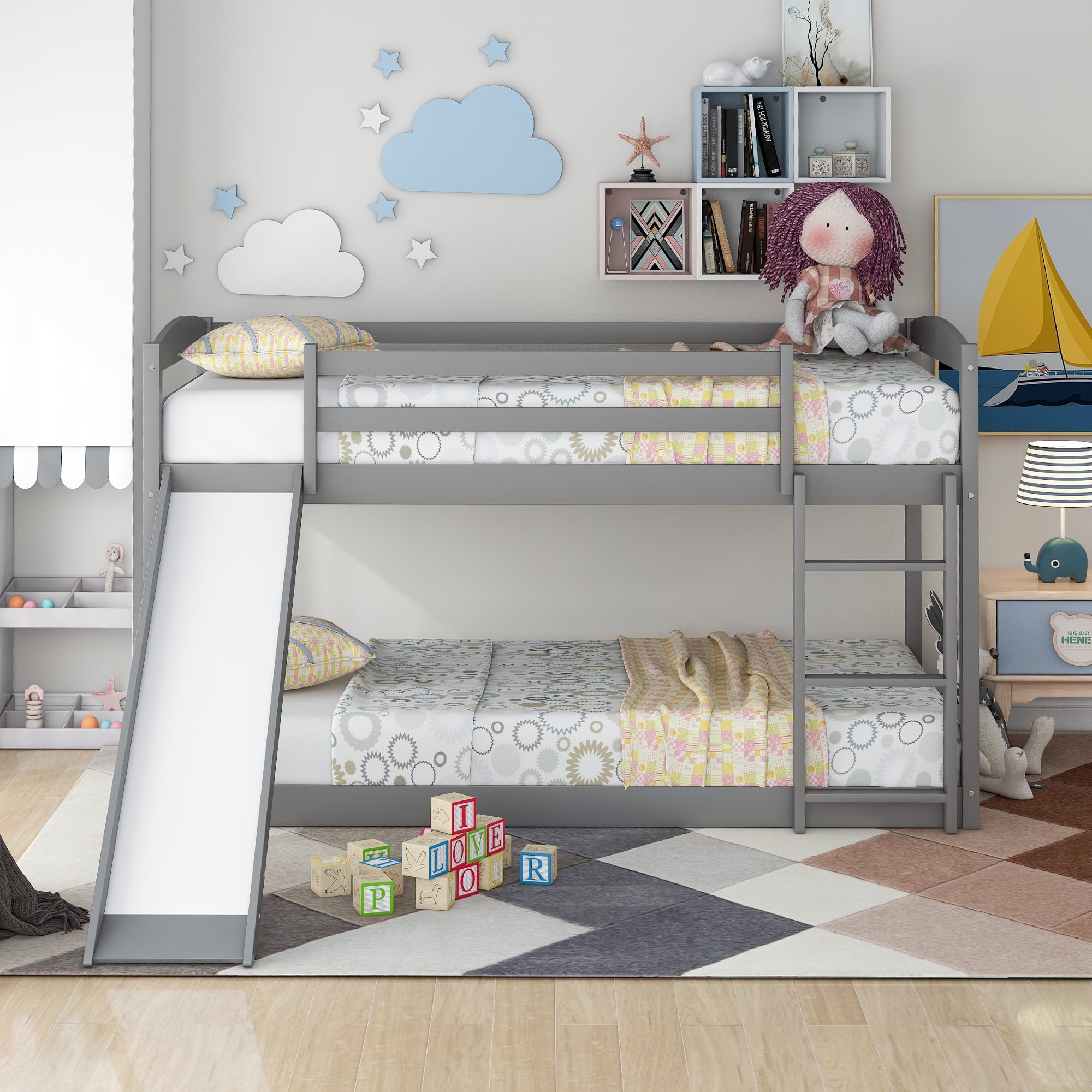 Floor Bunk Bed with Convertible Slide and Ladder, SESSLIFE Wood Bunk Beds with Guardrail for Boys Girls Toddlers, Gray Twin Over Twin Bunk Bed, Kids Floor Bunk Bed for Home Children’s Room, TE838