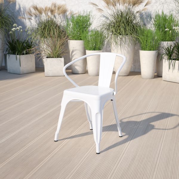 Luna Commercial Grade White Metal Indoor-Outdoor Chair with Arms