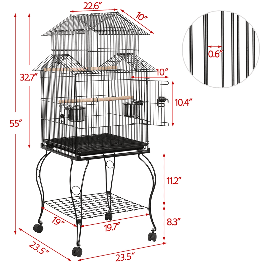 Easyfashion Large Metal Rolling Bird Cage Parrot Aviary Canary Pet Perch With Stand， Black