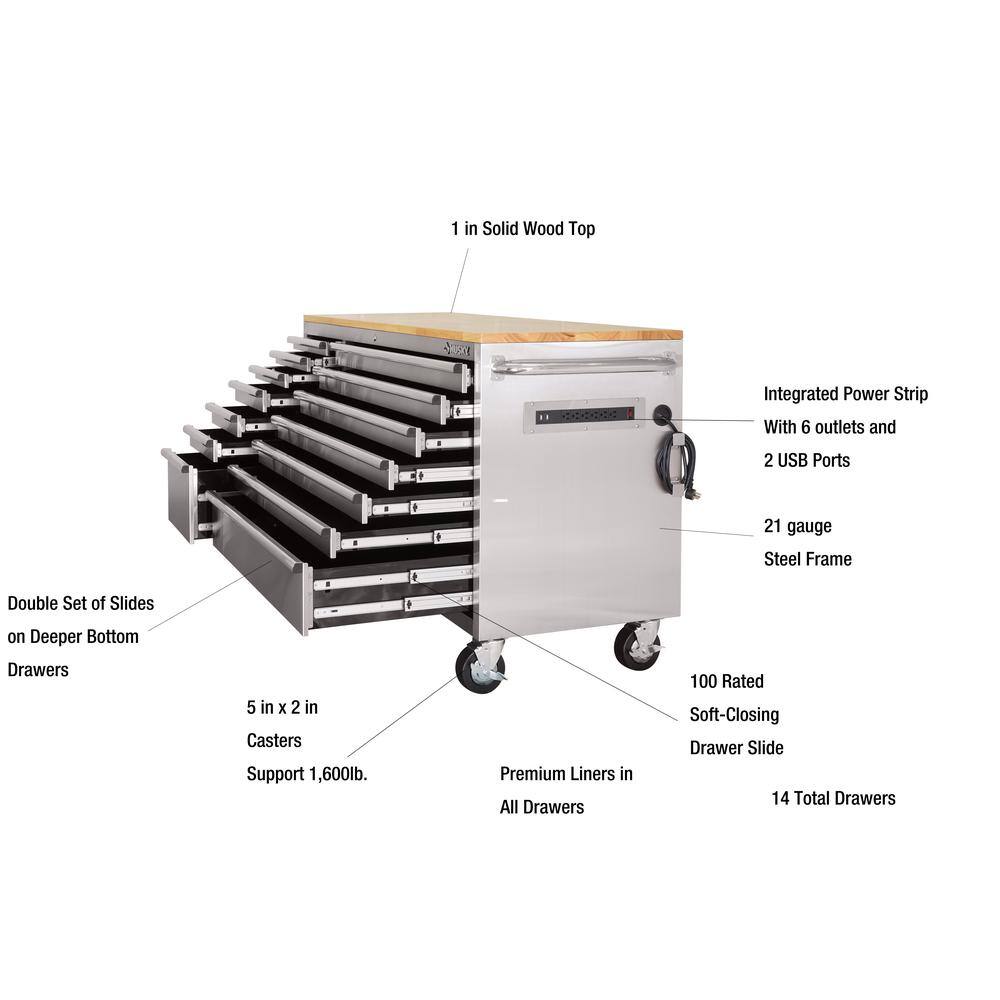 Husky 62 in. W x 24 in. D Standard Duty 14-Drawer Mobile Workbench Tool Chest with Solid Top and Pegboard in Stainless Steel HOTC6214JX2M