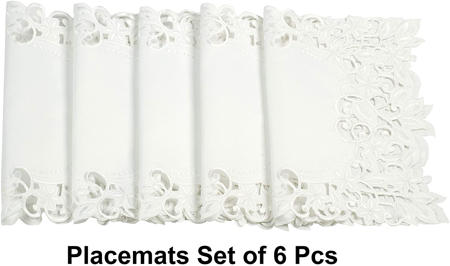 White Placemats Set of 6 - Rectangle Lace Linen Place Mats European Embroidery - Perfect for Kitchen Dining Room Table Home Decor Wedding Receptions - 14 x 20 inches - The Darvin Collection