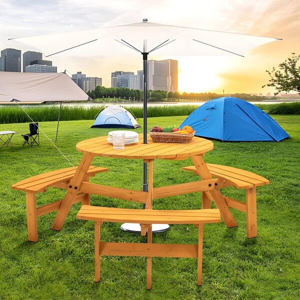 6Person Circular Outdoor Wooden Picnic Table Set