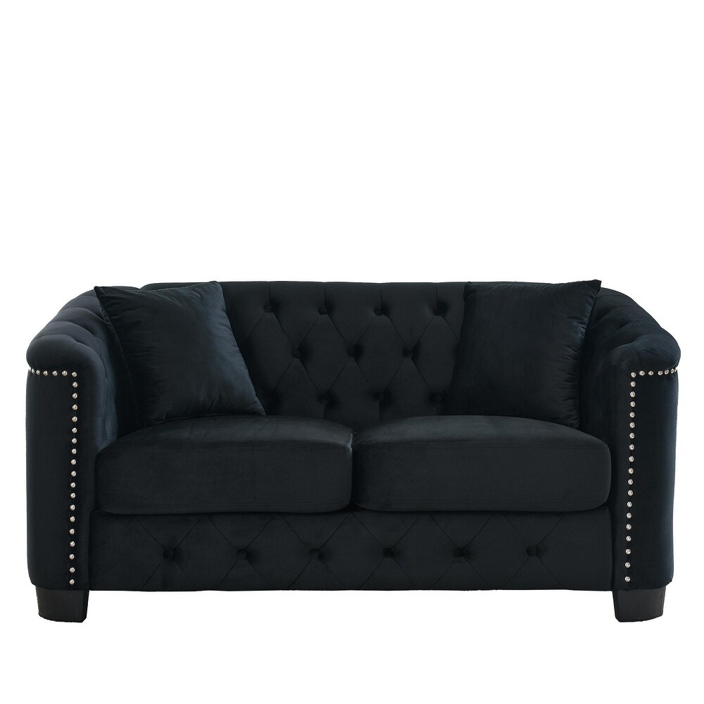 Black Modern Velvet Sofa Set with Nailhead Trim and Buttons (Includes Pillows  3 Seater + Loveseat)