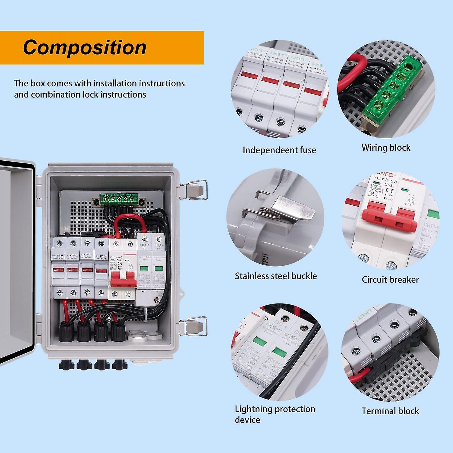 4 String Pv Combiner Box With Circuit Breaker Led 15a Current Fuse Lightning Arreste Solar Combiner Box Waterproof With 3 Digit Combination Lock Mount