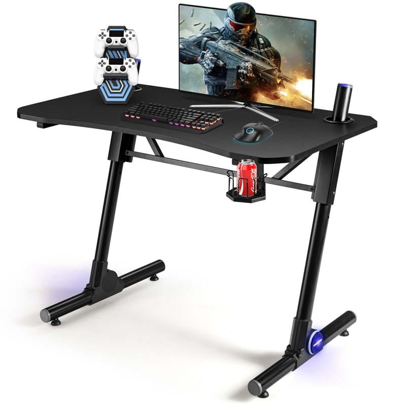 Z-Shaped LED Gaming Desk, 43.5 Inch Height Adjustable Computer Desk, Carbon Fiber Desk with Gaming Handle Rack & Cup Holder