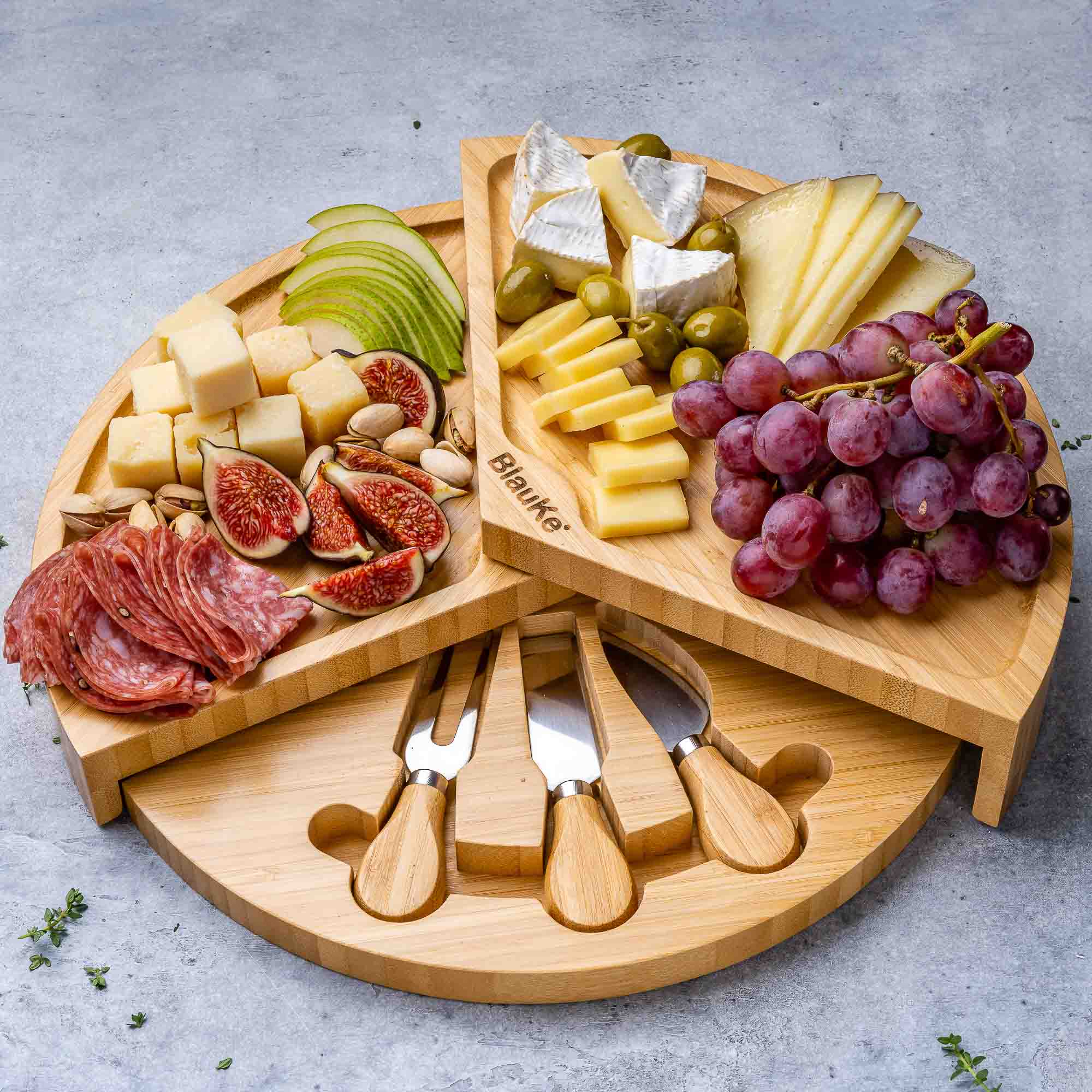 BlauKe® Bamboo Cheese Board and Knife Set – 14 inch Round Charcuterie Board， Serving Tray， Platter， Wood Cheese Board Set with Slide-Out Drawer