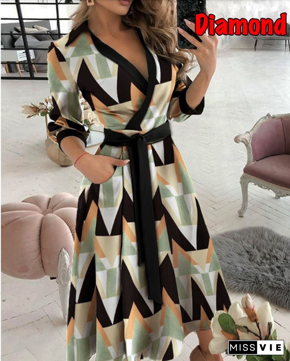 Fashion V-neck Print Dress Summer Casual Dress Belt Lace Up Party A Line Prom Dress Long Sleeve Ladies Tunic Dress