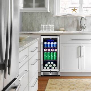 Velivi 15 in. 127 (12 oz.) Can Freestanding Beverage Cooler Fridge with Adjustable Shelves in Stainless Steel KMYL100HD