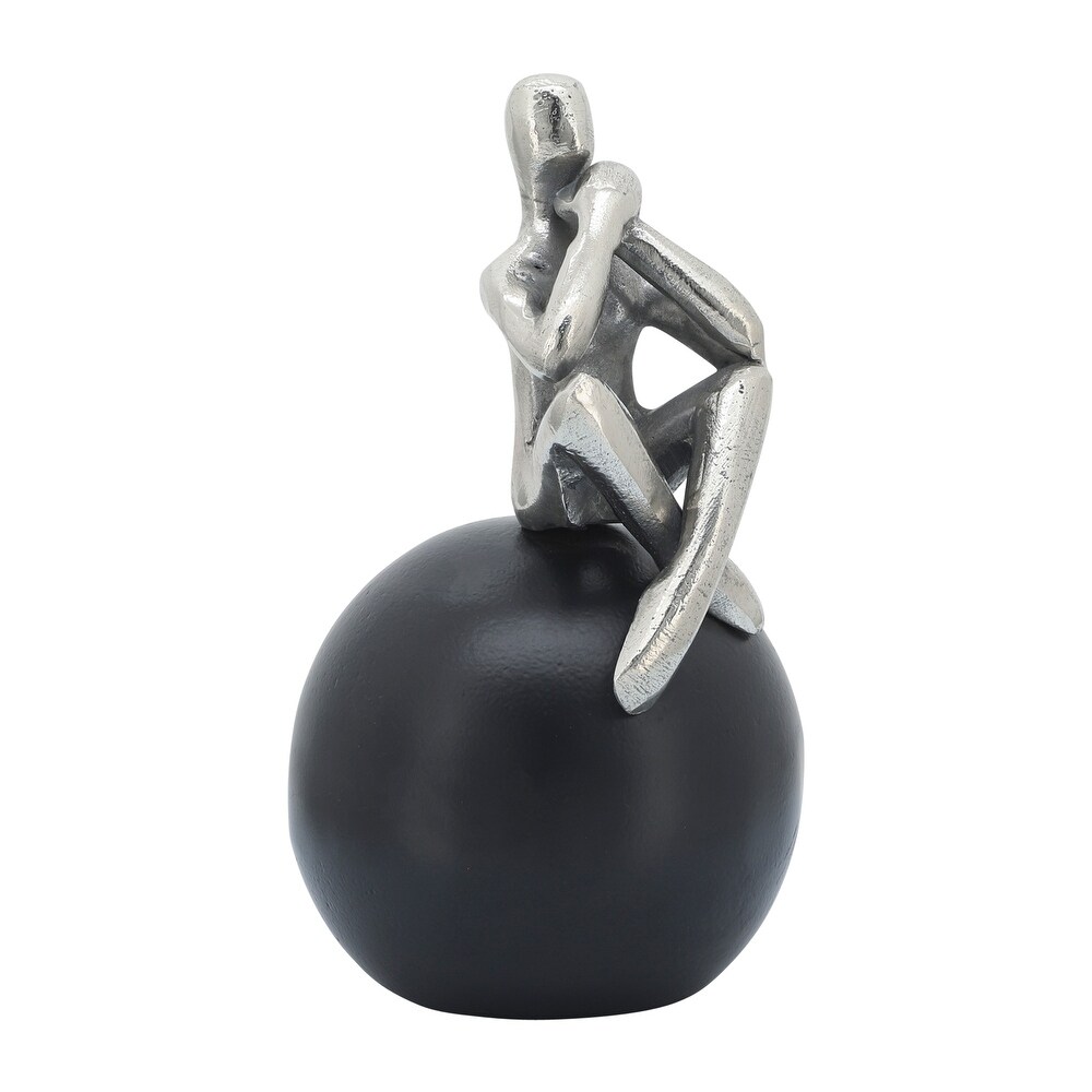 Handmade Silver Metal Thinking Man On Black Orb Sculpture