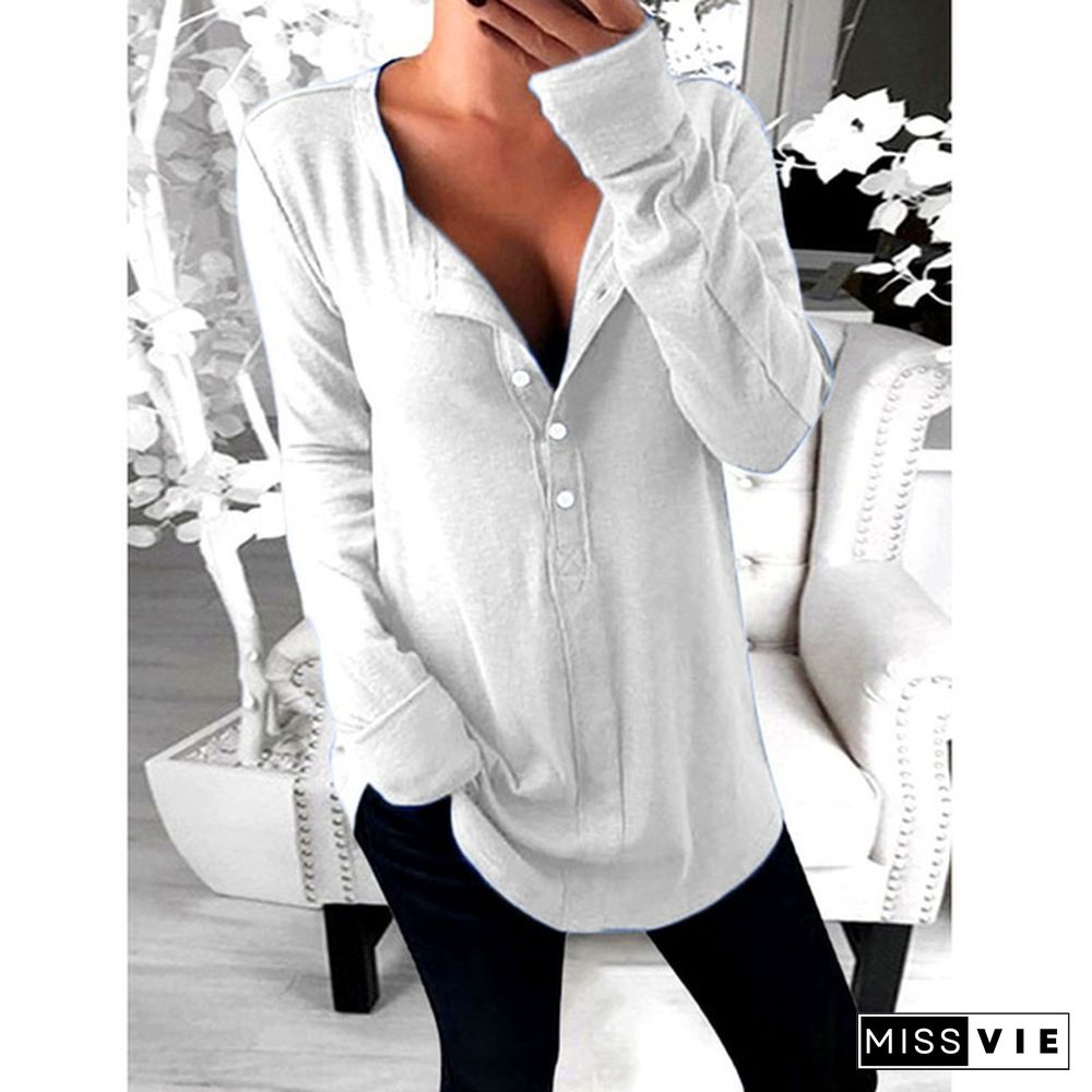 XS-8XL Plus Size Fashion Clothes Women's Autumn and Winter Tops Solid Color Casual Long Sleeve Pullover Sweatshirts V-neck Button Up Loose T-shirts Ladies Solid Color Cotton T-shirts