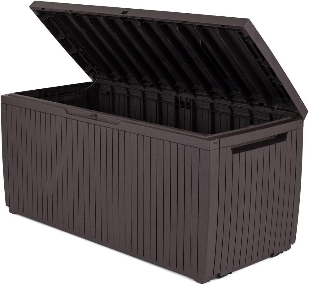 Keter Springwood 80 Gallon Resin Outdoor Storage Box for Patio Furniture Cushions, Pool Toys, and Garden Tools with Handles