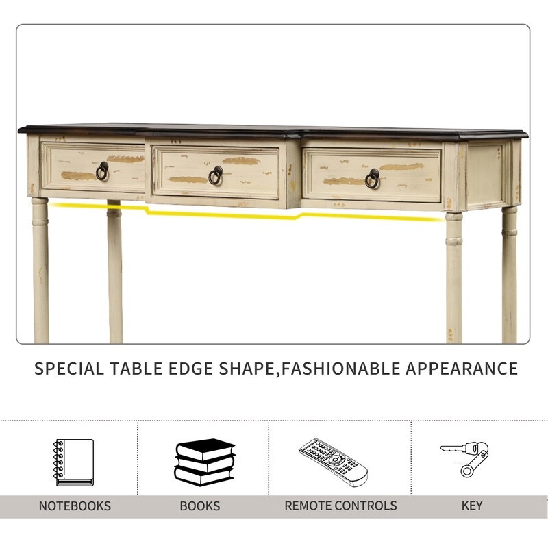Rustic Solid Wood Console Table with Projecting Drawers and Long Shelf