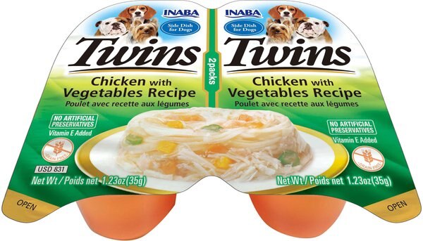 Inaba Twins Chicken with Vegetables Recipe Grain-Free Dog Food Topper， 1.23-oz， pack of 2