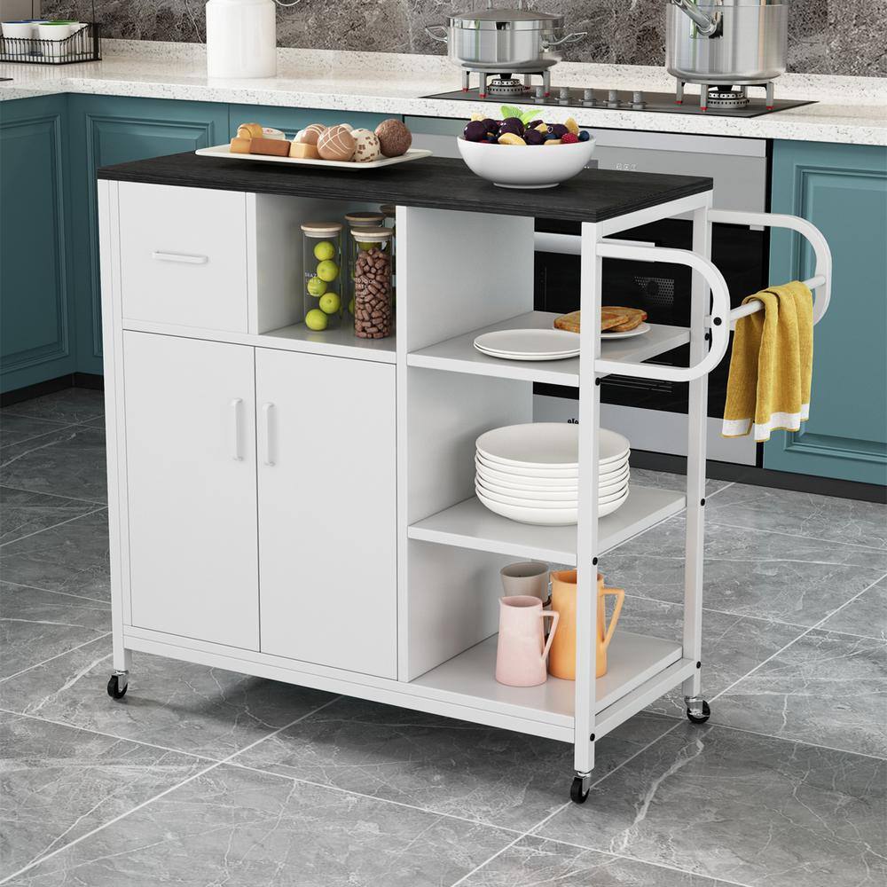 FAMYYT White Rolling Wood Tabletop 35.4 in. Kitchen Island with Drawers XJ-370WH-L