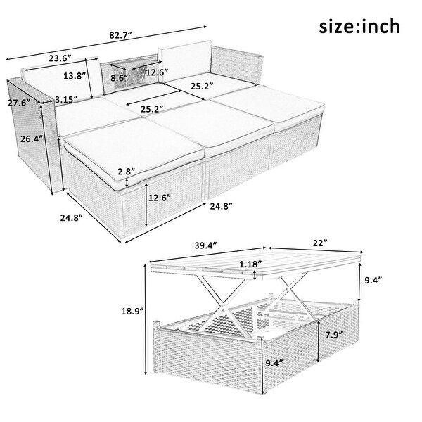 5Piece Patio Wicker Sofa with Adustable Backrest，Cushions，Ottomans and Lift Top Coffee Table