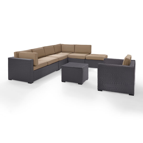 Biscayne 7 Person Outdoor Wicker Seating Set in Mocha - Two Loveseats， One Armless Chair， One Arm Chair， Coffee Table， Ottoman