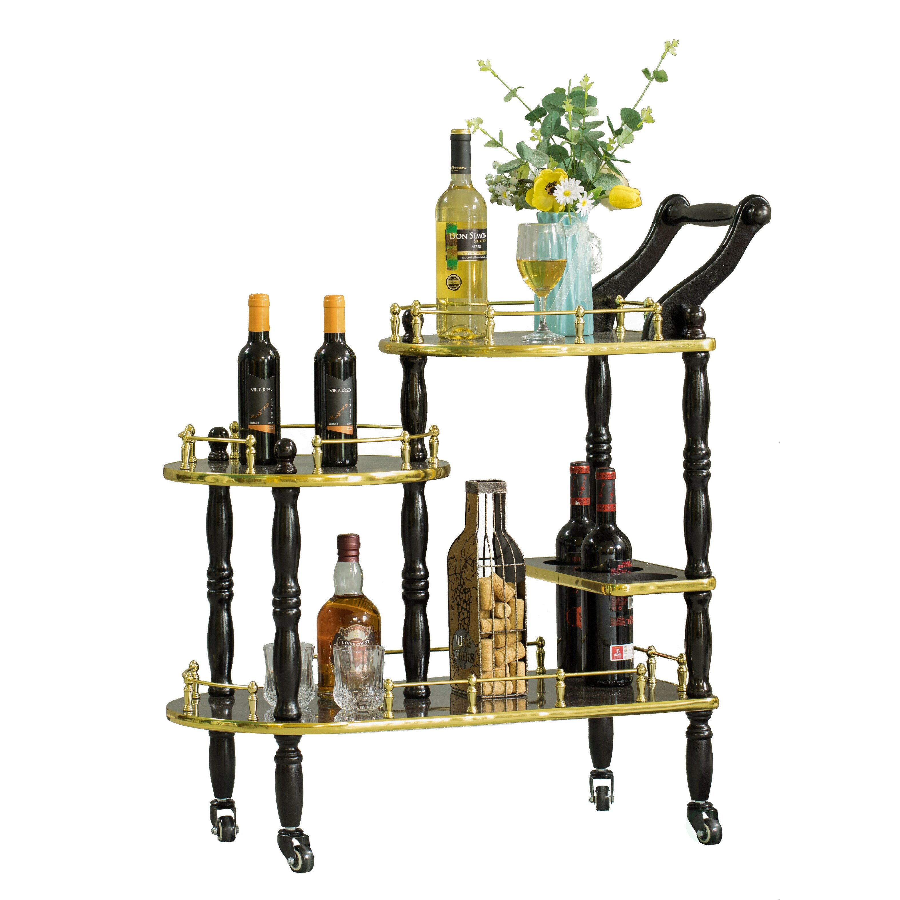 Wood Serving Bar Cart Tea Trolley 3 Tier Shelves and Rolling Wheels