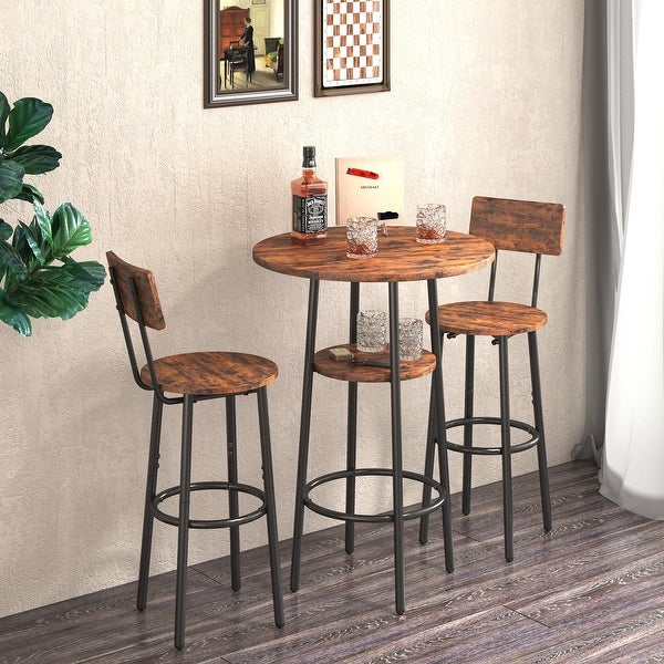 3Pieces Bar Table Set with Double -layer Round Bar Table and 2 Stools