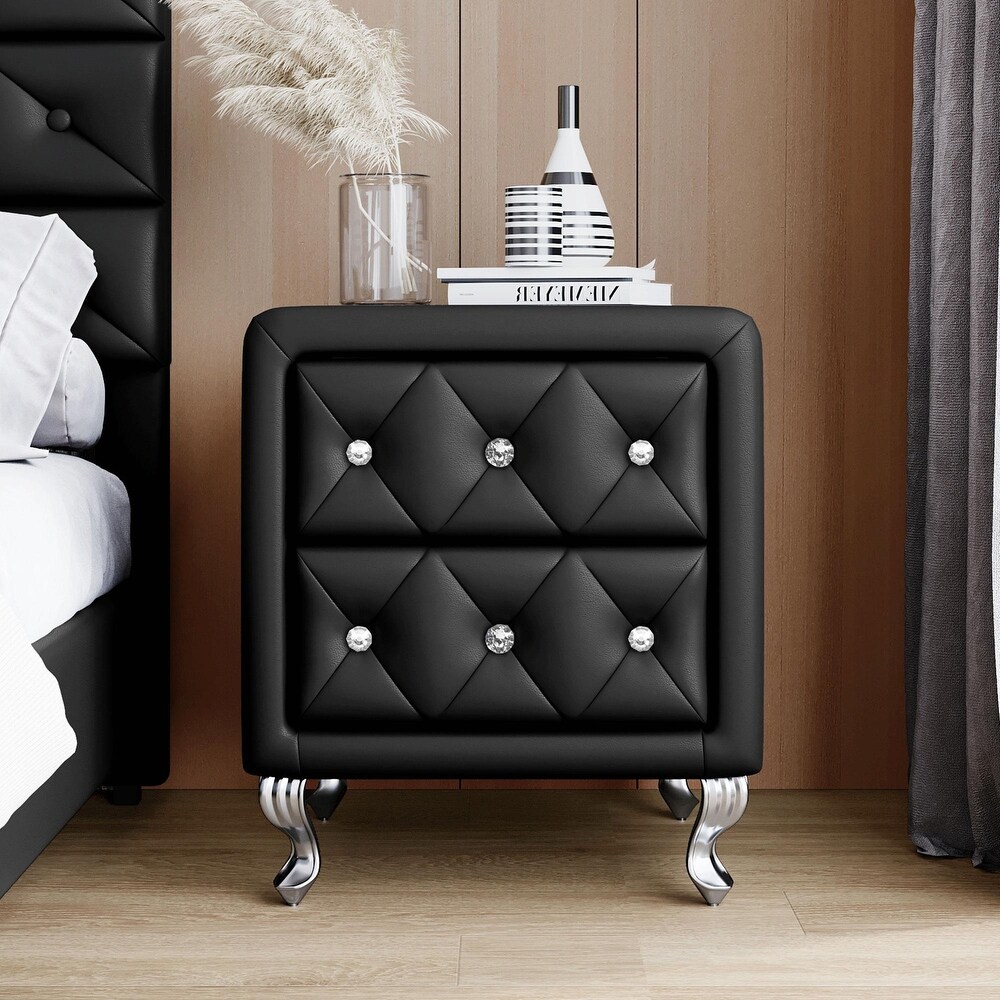 Elegant Black PU Nightstand: 2 Drawer Bedside Table with Crystal Handle  Metal Legs