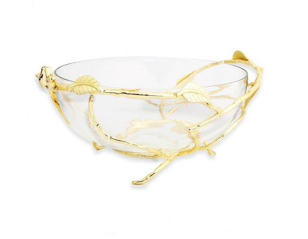 Classic Touch Glass Bowl On Stainless Leaf Stand