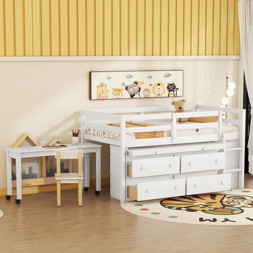 Wooden Loft Bed with Desk and 4 Drawers