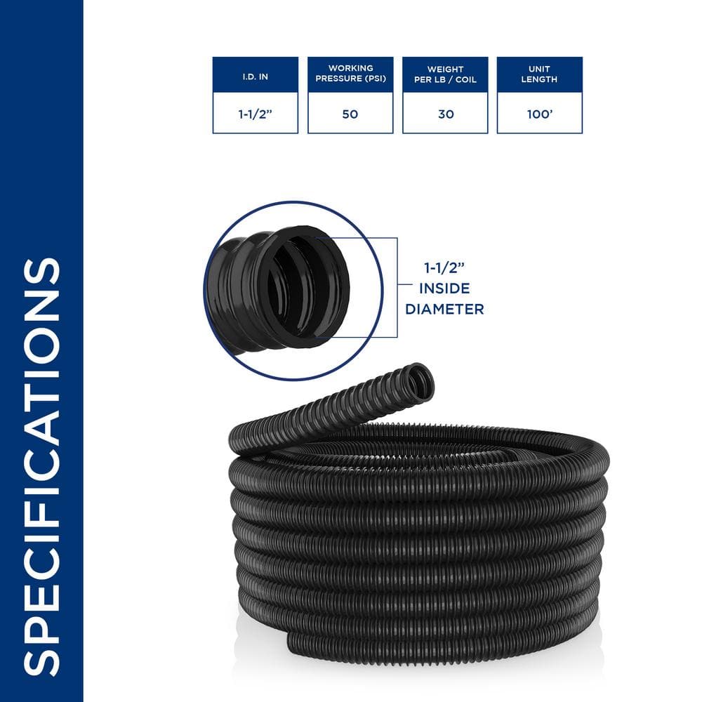 Alpine Corporation 1-1/2 in. I.D. x 100 ft. Multi-Use Pond Black Kink Free, Corrugated, Non-Kink Flexible PVC Tubing KFH112