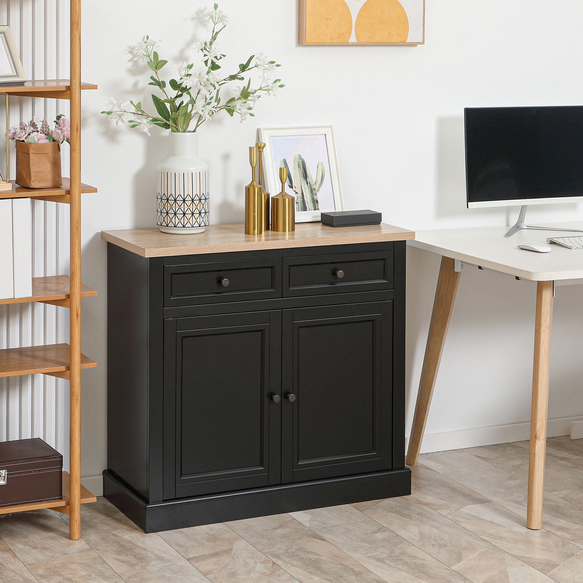 HOMCOM Sideboard Buffet Cabinet， Kitchen Cabinet， Coffee Bar Cabinet with 2 Drawers and Double Door Cupboard for Living Room， Entryway， Black