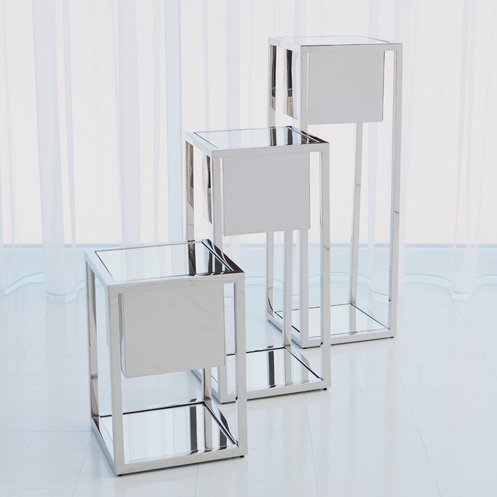 Minimalist Mirrored Square Silver Metal Pedestal Stand  Table Planter Open 20 quot  Contemporary   Plant Stands And Telephone Tables   by My Swanky Home  Houzz